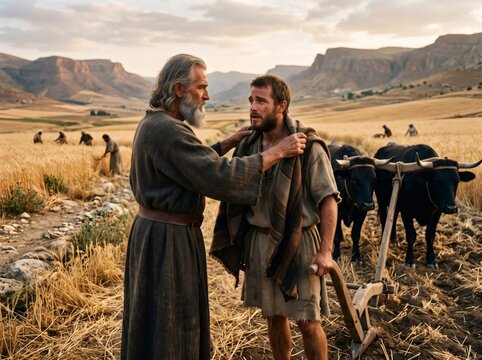 Prophet Elisha receiving mantle from Elijah in a wheat field
