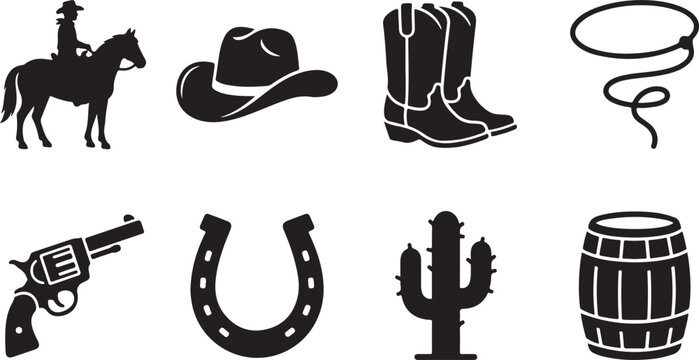 Western themed icon set featuring a cowboy on a horse, hat, boots, lasso, revolver, horseshoe, cactus, and wooden barrel on white background