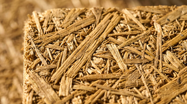 Close up of compressed OSB wood board texture | Macro view of industrial wood chip material | Recycled wooden strand board surface background | Engineered timber composite construction material