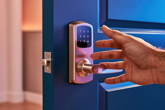 Hand reaching for smart door lock with keypad on blue door