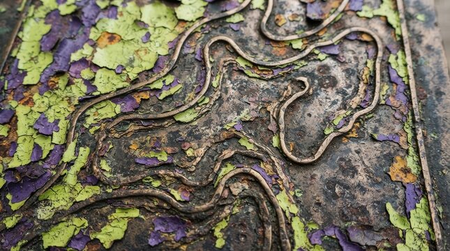 Heavily weathered surface with flaking lime green paint and metallic lines