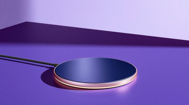 Circular wireless charging pad with gold rim on purple surface, soft lighting and modern minimal style