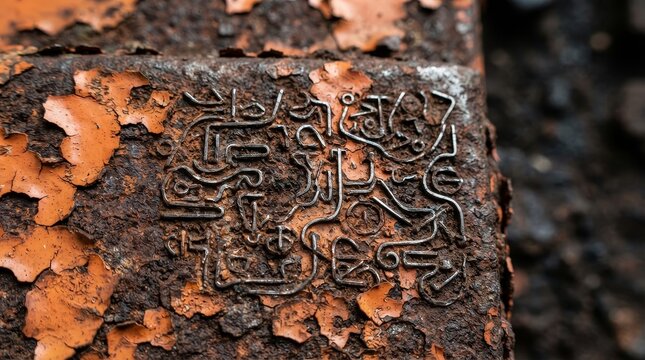 Close up of ancient metallic inscription on corroded surface
