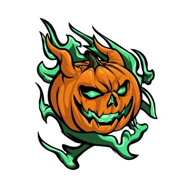 Devilish Pumpkin with Green Flames Illustration