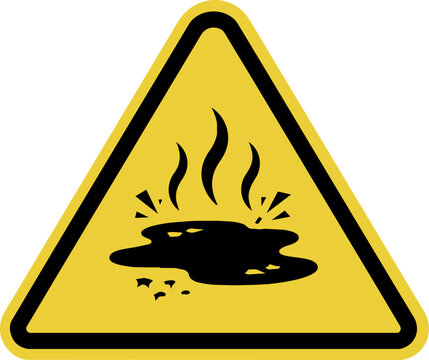 Yellow triangular caution sign, hot surface hazard icon, liquid spill and heat steam warning vector symbol for industrial safety labels