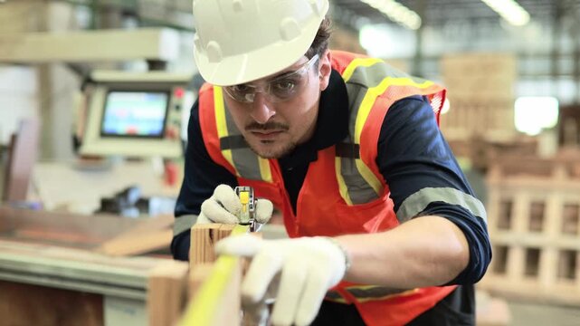 Male carpenter wearing hardhat safety glasses measures lumber tape measure ensure meets specifications pallet production pallets serve platforms stacking storing transporting goods factory warehouse.
