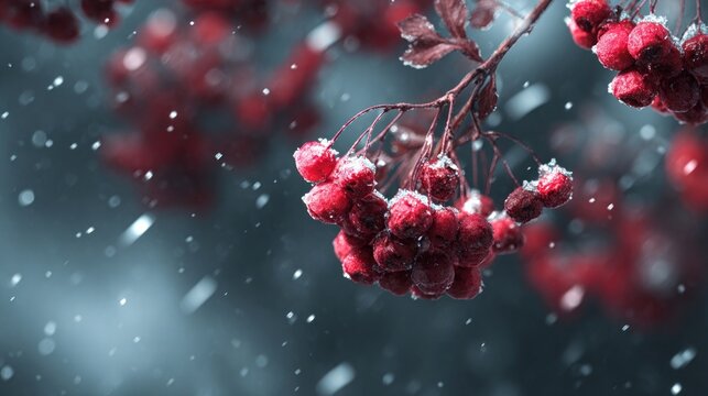 red berries glistening under snowflakes,