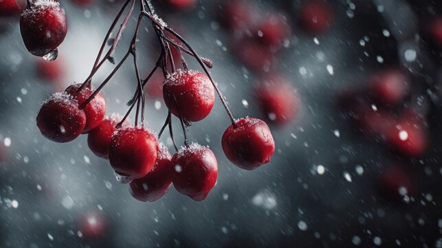 red berries glistening under snowflakes,