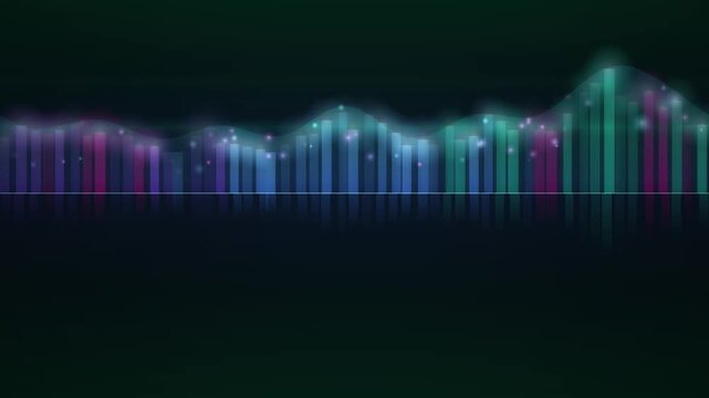 Glowing colorful sound wave equalizer moving dynamically across dark digital background creating modern abstract video footage