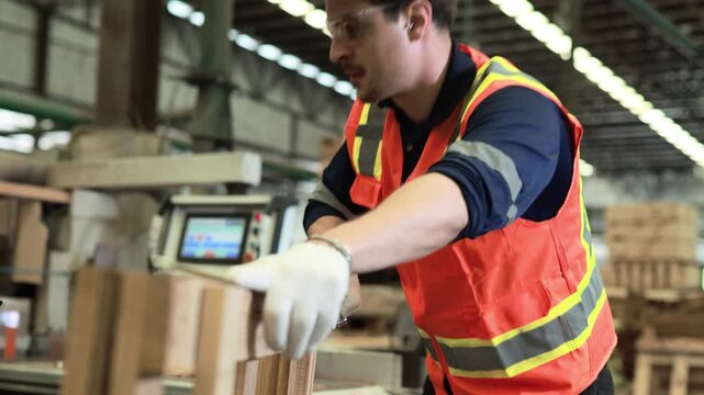 Male carpenter wearing hardhat safety glasses measures lumber tape measure ensure meets specifications pallet production pallets serve platforms stacking storing transporting goods factory warehouse.