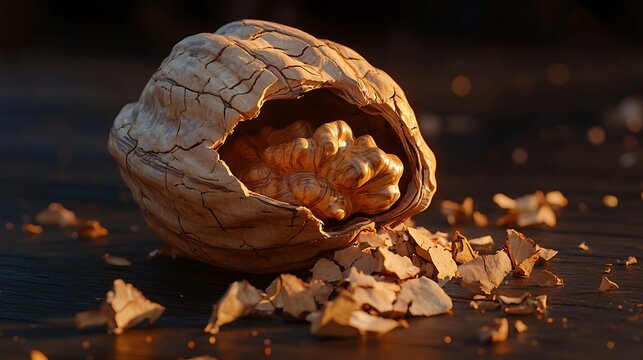 A close-up, detailed macro shot of a cracked walnut shell revealing the nut inside, with broken pieces scattered around
