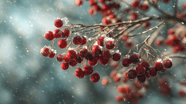 red berries glistening under snowflakes,