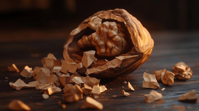 Close-up shot of a cracked walnut shell revealing the nutritious kernel inside, scattered on a dark rustic wooden surface with moody lighting