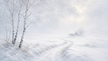 Fototapeta premium Snowy rural house with birch trees and path during blizzard