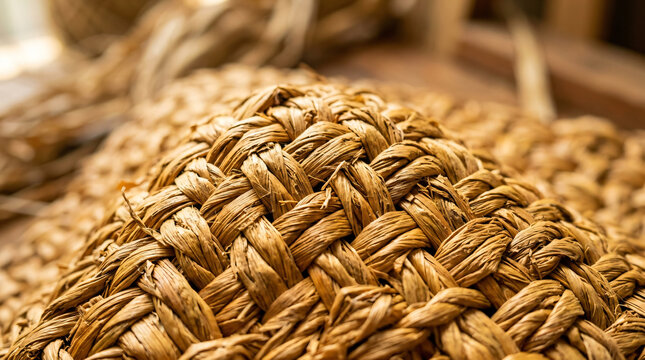 Handwoven natural fiber texture background | Macro shot of straw wicker basket weave | Organic sustainable material pattern close up | Rustic artisanal craft texture details