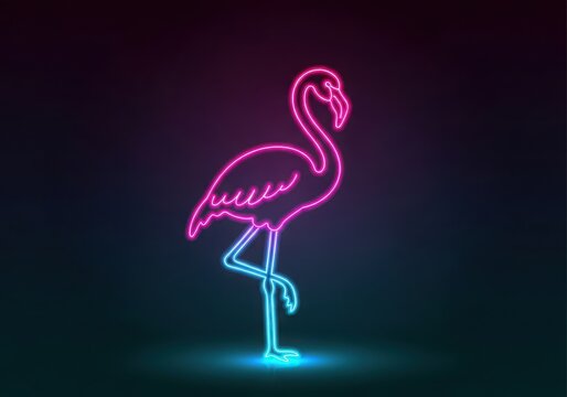 Neon pink flamingo standing on dark background