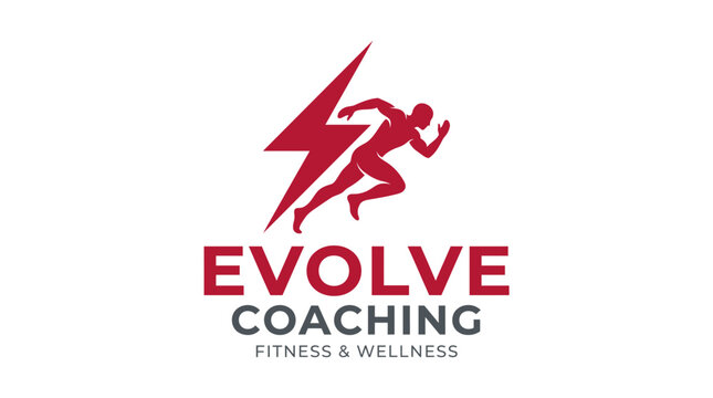 Fitness coaching logo design with running human silhouette and lightning bolt