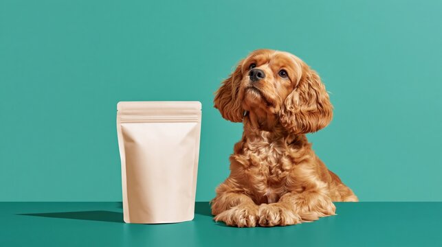Curious cocker spaniel dog looks up next to blank unbranded pet product pouch mockup on teal background