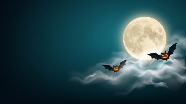 Two spooky bats with glowing faces flying in night sky before a large full moon with clouds with through clouds front
