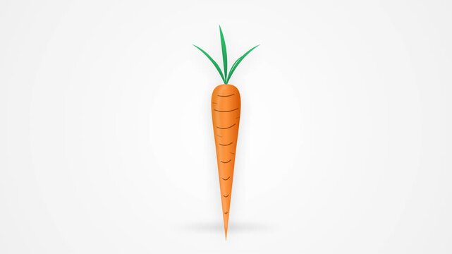A flat vector illustration of an orange carrot with green leaves falls from the top center to the bottom right corner on a plain white background, moving diagonally in a simple motion