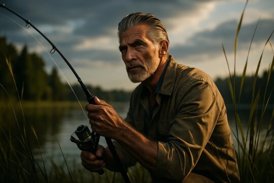 Senior fisherman holding rod by calm lake at dusk, outdoor leisure and angling adventure in reeds.