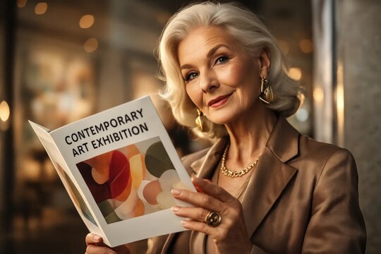Elegant senior woman holds contemporary art exhibition brochure in gallery, refined culture, creative lifestyle and museum event concept.