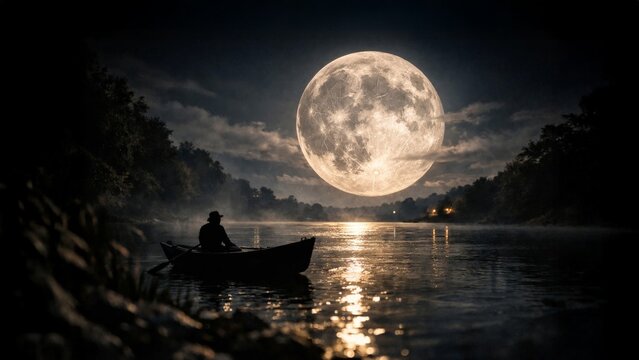Silhouette of lone person in boat on calm river under huge full moon, misty night landscape with reflection.