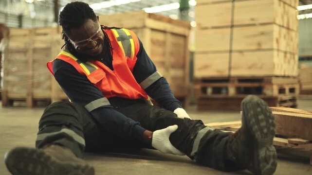 African American male worker lumber mill injured while transporting heavy logs pallet lost its balance fell onto leg causing collapse in pain with knee injury while hardhat was knocked off head.
