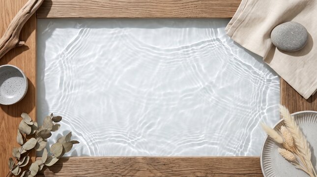 Rustic wooden frame with rippling water and spa decor flat lay