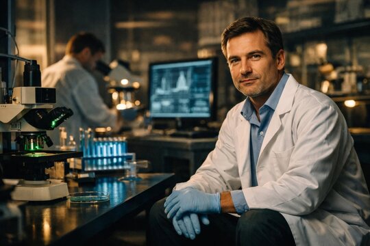 Confident scientist sitting in laboratory beside microscope and computer, representing research and innovation.