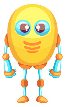 Funny robot character. Yellow plastic tech toy