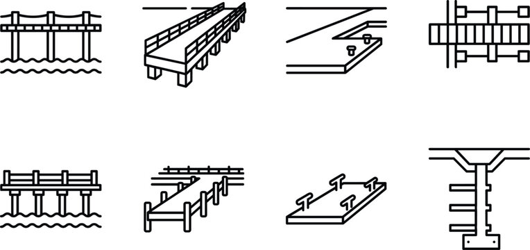 Set of bridge and pier line art icons isolated on white background vector illustration