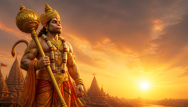 Hindu deity holding a golden mace during sunrise at an ancient temple city