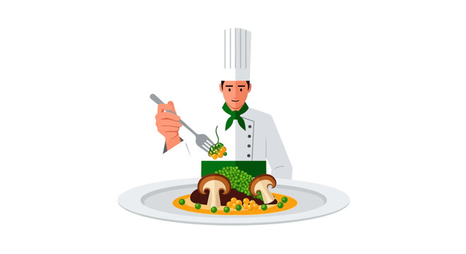 Male Professional Chef Presenting Gourmet Fine Dining Dish with Meat, Mushrooms, and Peas - Flat Vector Illustration Isolated on White