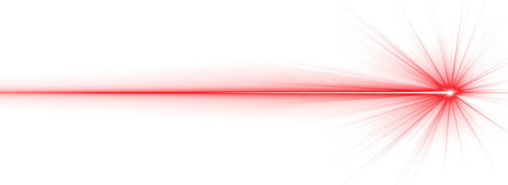 Bright red laser beam extending horizontally from a radiant focal point on transparent background for futuristic technology and science design