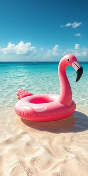 Flamingo inflatable floating in shallow water, surrounded by sun-kissed sand, inflatables, bright