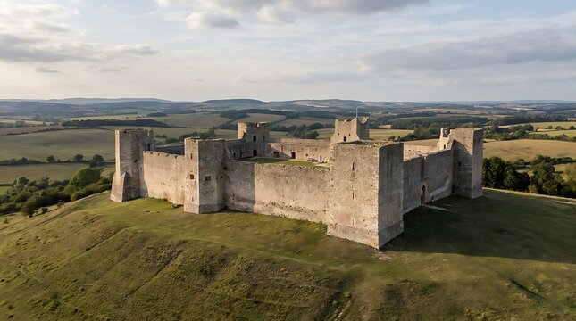 Panoramic view of an ancient stone castle majestically standing atop a green hill, surrounded by vast pastoral landscapes under a dramatic sky, evoking historical grandeur and timeless beauty
