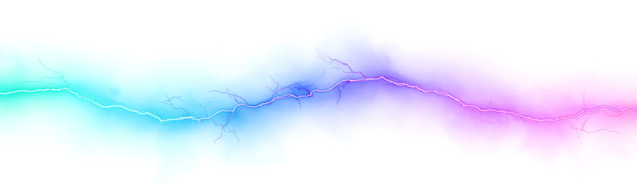 Horizontal cyan and purple lightning bolt with neon electric glow on transparent background for futuristic energy, technology and digital design