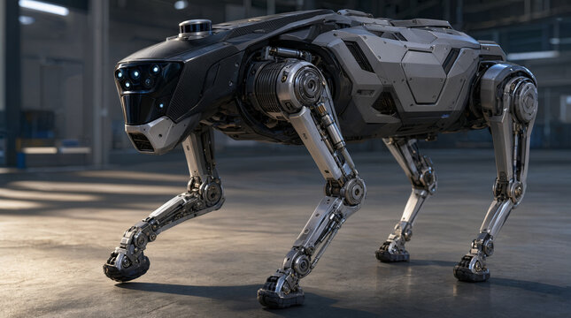 Close-up of robotic dog walking, advanced quadruped robotics technology