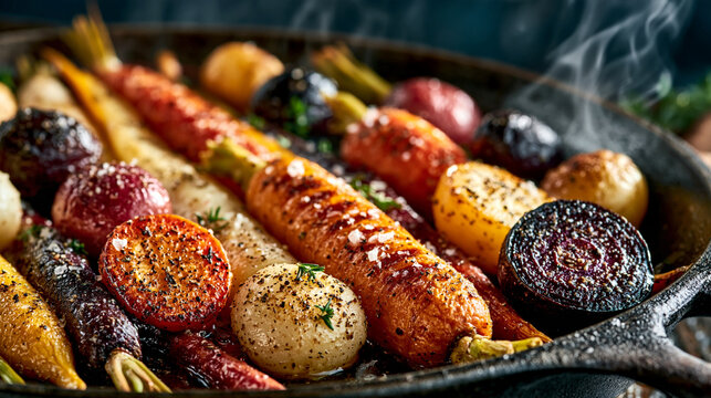Assorted roasted root vegetables in a hot steaming cast iron skillet with steaming food