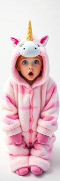 Soft, fluffy unicorn pajamas on a bright white background, with a shocked expression, playfulness, background