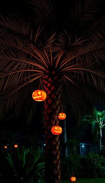 Spooky palm tree with glowing jack o' lanterns at night, trunk, || eerie