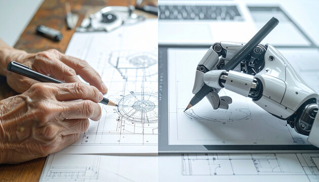 A comparative study showing a human hand sketching blueprints versus a mechanical robotic hand drafting designs.