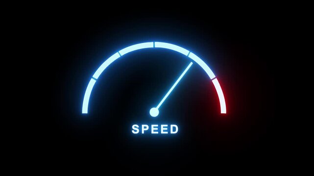 Futuristic Neon Speedometer Gauge with Blue and Red Glow ,Speedometer speeds up and down. Abstract car speedometer. High quality 4k footage