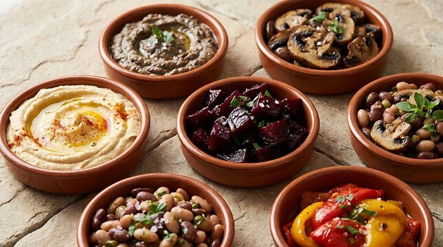 Assorted delicious tapas bowls with hummus vegetables and beans served on a rustic stone table top view. Plant-based tapas