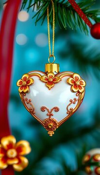 Vintage Heart Ornament with Gold Floral Accents, ||floral heart design, ornate border