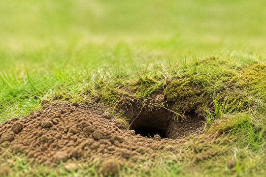 Animal burrow entrance in grassy meadow, nature and wildlife habitat concept