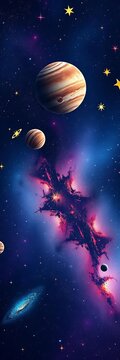 Whimsical galaxy with stars, planets, and symbols, ||cosmic, hand-drawn