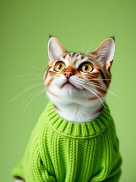 Whiskers twitching, bright green sweater-clad cat's eyes go wide in surprise on soft light green background, cute, eyes