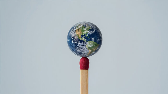 Fragile Earth Balanced on a Matchstick, Climate Change and Global Warming Concept, Environmental Risk, Planet in Danger, Sustainability Awareness, Minimalist Ecological Symbolism